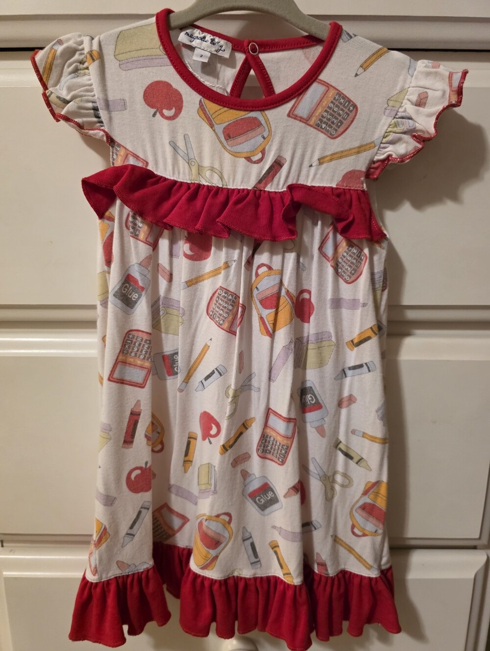 Magnolia Baby Girls' Cream School-Print Ruffle Dress with Red Trim